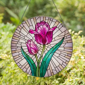 Radiant Tulips Blooming Flower Unopened Bud Green Leaves Floral Home Decor Gift Stained Glass Suncatcher