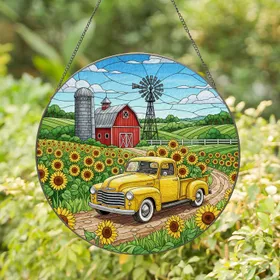 Yellow Vintage Pickup Truck Sunflowers Red Barn Windmill - Farmhouse Decor Gift Stained Glass Suncatcher