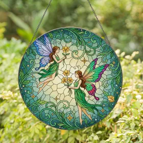 Fairy Figures Butterfly Wings Blossoming Flowers Swirling Tendrils Stars Leaf Tapestry - Home Decor Gift Stained Glass Suncatcher