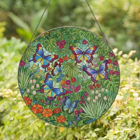 Four Butterflies Dense Botanical Tapestry Tropical Garden Flowers - Home Decor Gift Stained Glass Suncatcher