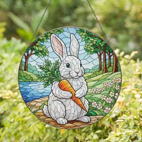 White Rabbit Carrot Wildflower Water Landscape - Home Decor Gift for Animal Lovers Stained Glass Suncatcher