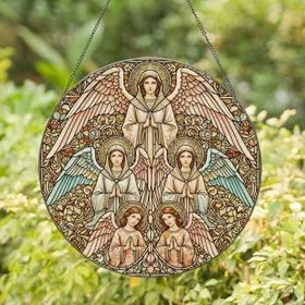 Seven Angelic Figures Ornate Floral Mosaic - Home Decor Gift Stained Glass Suncatcher