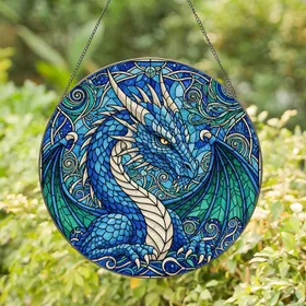 Blue Dragon Scales Horns Amber Eye Celestial Mosaic Stained Glass Home Decor Gift Stained Glass Suncatcher