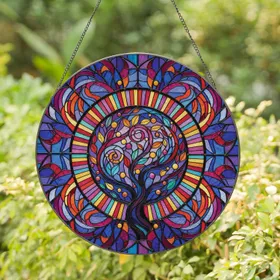 Abstract Book Spines Central Circle Gnarled Branches Swirling Leaves - Home Decor Gift Stained Glass Suncatcher