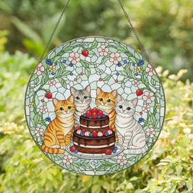 Four Cats Chocolate Cake Strawberries Blueberries Flowers - Cat Lover Home Decor Gift Stained Glass Suncatcher
