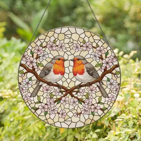 Robins Cherry Blossom Blossoming Branch - Home Decor Gift for Bird Lover Stained Glass Suncatcher