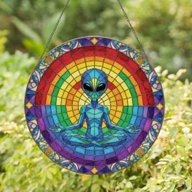 Alien Figure Celestial Mosaic Rainbow Lotus - Meditation Gift for Yoga Lover Stained Glass Suncatcher