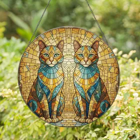 Two Majestic Jewel-Like Cats Facing Geometric Cityscape - Cat Lover Home Decor Gift Stained Glass Suncatcher