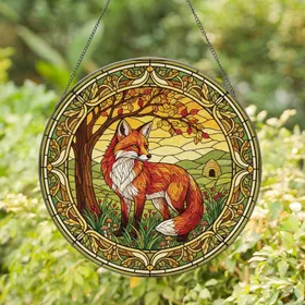 Red Fox Natural Landscape Autumn Tree Beehive - Home Decor Gift for Wildlife Lovers Stained Glass Suncatcher