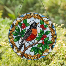 American Robin Bird Branch Berries - Home Decor Gift for Bird Lover Stained Glass Suncatcher