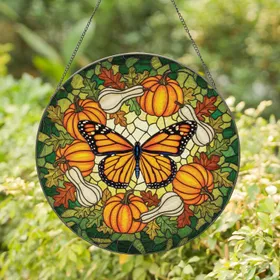 Monarch Butterfly Autumn Wreath - Autumn Home Decor Gift for Butterfly Lovers Stained Glass Suncatcher