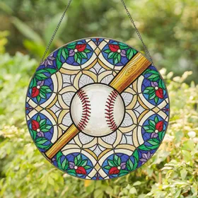 Prominent White Baseball Red Stitching Amber Bat - Sports Fan Home Decor Gift for Dad Stained Glass Suncatcher