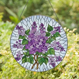 Blossoming Purple Lilac Flowers Emerald Green Leaves Home Decor Gift for Garden Lover Stained Glass Suncatcher