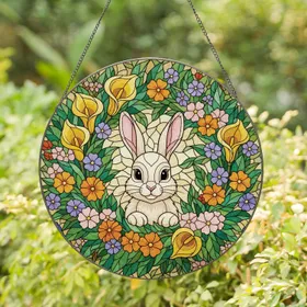 Peeking Bunny Rabbit Golden Calla Lilies Orange Blossom Floral Wreath - Home Decor Gift for Garden Lover Stained Glass Suncatcher