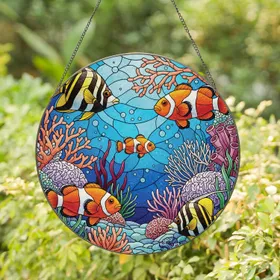 Clownfish Angelfish Coral Reef Underwater Scene - Wildlife Home Decor Gift Stained Glass Suncatcher