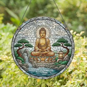 Buddha Lotus Zen Garden Bonsai Waterfall Japanese Lantern - Home Decor Gift for Yoga Lover Stained Glass Suncatcher
