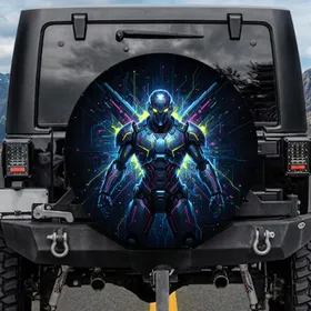 Futuristic Armored Robot Warrior Neon Glow Cybernetic Forms - Sci-Fi Lover Gift Spare Tire Cover