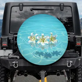 White Oriental Lilies Shimmering Turquoise Water Pond - Travel Accessory Gift Spare Tire Cover
