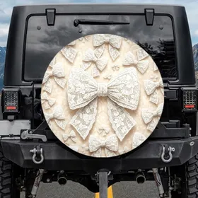 White Lace Bows Cluster Cream Floral Damask - Bridal Shower Gift Spare Tire Cover