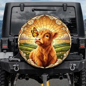 Highland Cow Calf Butterfly Pastoral - Farmhouse Decor Gift for Cow Lover Spare Tire Cover