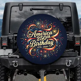 America 250th Birthday 1776-2026 Ribbons Fireworks - Independence Day Commemorative Spare Tire Cover