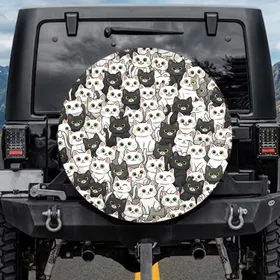 Dense Layered Cartoon Cat Faces Mosaic - Vehicle Accessory for Cat Lovers Spare Tire Cover