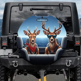 Antlered Deer Red Bandana Blue Sunglasses Ocean Ride - Wildlife Lover Gift Spare Tire Cover