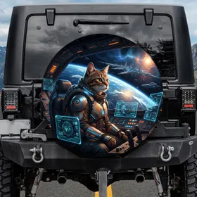 Cat Astronaut Spaceship Earth Orbit - Space Travel Enthusiast Gift for Cat Lover Spare Tire Cover