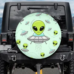 Cosmic Alien Heads Flying Saucers - Space Enthusiast Home Decor Gift Spare Tire Cover