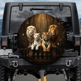 Pride Lions Regal Tiger Stone Balustrade Dark Forest - Wildlife Lover Gift Spare Tire Cover