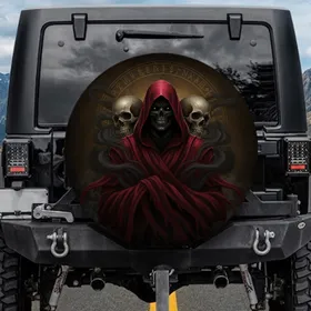 Crimson Cloaked Skull Figure Ancient Skulls - Gothic Home Decor Gift Spare Tire Cover