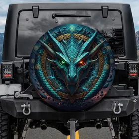 Ancient Dragon Face Glowing Eyes Gold Ornaments Arcane Symbols - Fantasy Lover Gift Spare Tire Cover