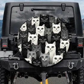 Dense Crowd of Curious Black White Grey Cats - Home Decor Gift for Cat Lovers Spare Tire Cover