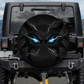Angry Mischievous Blue Eyes Furrowed Brows - Car Decor Accessory Spare Tire Cover