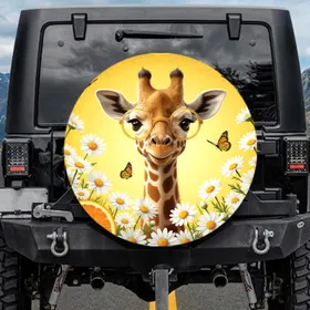 Baby Giraffe Daisies Butterflies Lemon - Wildlife Lover Gift Spare Tire Cover