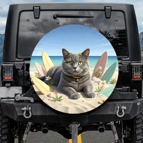 British Shorthair Cat Tropical Beach Surfboards Seashells - Cat Lover Gift Spare Tire Cover