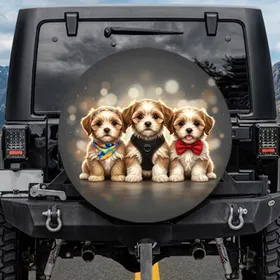 Fluffy Shih Tzu Puppies Beaded Headband Harness Bow Tie - Dog Lover Gift Spare Tire Cover