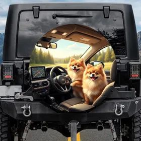 Pomeranian Dogs Driving Car - Road Trip Companion Gift for Dog Lovers Spare Tire Cover