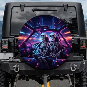 Grinning Skeletons Driving Futuristic Car City Night - Automotive Lover Gift Spare Tire Cover