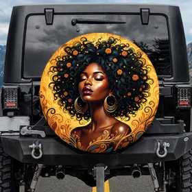 African Woman Portrait Golden Hoops Curly Hair Swirling Florals - Travel Essentials Spare Tire Cover