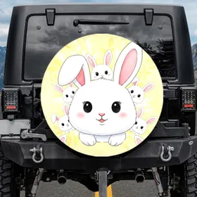 White Bunny Faces Big Pink Ears - Car Accessory Gift for Bunny Lovers Spare Tire Cover