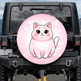 Plump Pink Cartoon Cat Stars Pink Field - Kids Room Decor Cat Lover Gift Spare Tire Cover