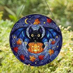 Black Bat Jack-o'-Lantern Night Sky Crescent Moons - Halloween Party Home Decor Stained Glass Suncatcher