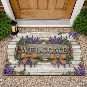 Welcome Sign Wood Planks Lavender Burlap - Home Decor Gift Doormat