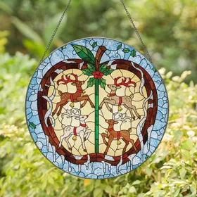 Apple Reindeer Holly Snowflakes Frosted Icicles Winter Foliage - Christmas Gift Stained Glass Suncatcher
