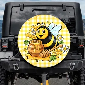 Plump Cartoon Bee Honey Pot Honeycomb Daisies - Outdoor Decor Gift Spare Tire Cover