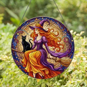 Witch Black Cat Broom Jack-o'-lantern - Halloween Home Decor Gift Stained Glass Suncatcher