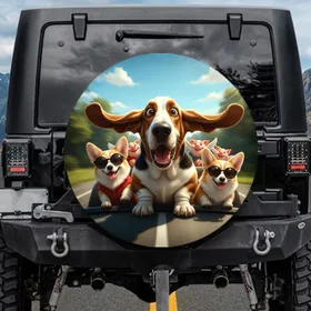 Basset Hound Corgi Pigs Road Trip - Adventure Lover Dog Gift Spare Tire Cover