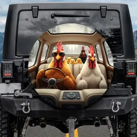 Rooster with Sunglasses Car Chicks Luxury Cabin Winter Forest - Road Trip Gift Spare Tire Cover