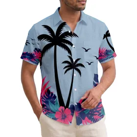 Palm Tree Silhouette Birds Hibiscus Fronds - Tropical Lifestyle Gift Hawaiian Shirt